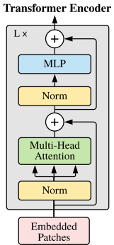 模型概览。我们将图像分割成固定大小的块，对每个块进行线性嵌入，添加位置嵌入，并将生成的向量序列输入到标准的 Transformer 编码器中。为了执行分类，我们使用在序列中添加额外的可学习“分类标记”的标准方法。Transformer 编码器的插图灵感来自 Vaswani et al. (2017)。